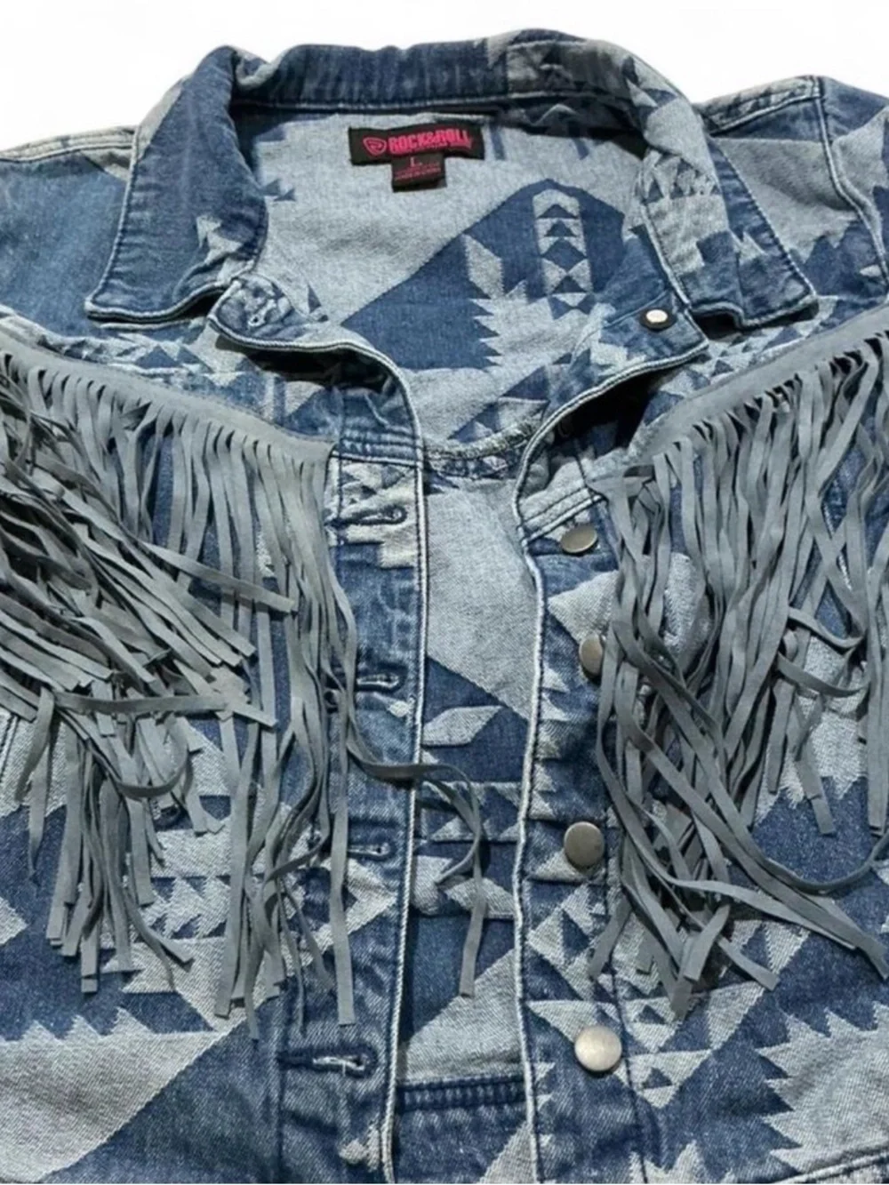 Rock & Roll Denim Aztec Western Fringe Denim Jacket Sz Large Festival Country - Picture 2 of 7